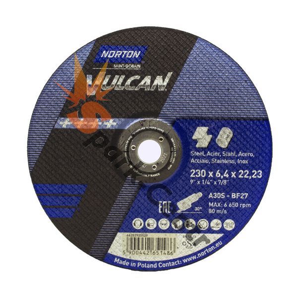 Круг зачисний по металу з чашкою 230x6,4x22,23 NORTON VULKAN для ручних шліфувальних 11G27230.NOR фото Круг зачисний по металу з чашкою 230x6,4x22,23 NORTON VULKAN для ручних шліфувальних 11G27230.NOR фото